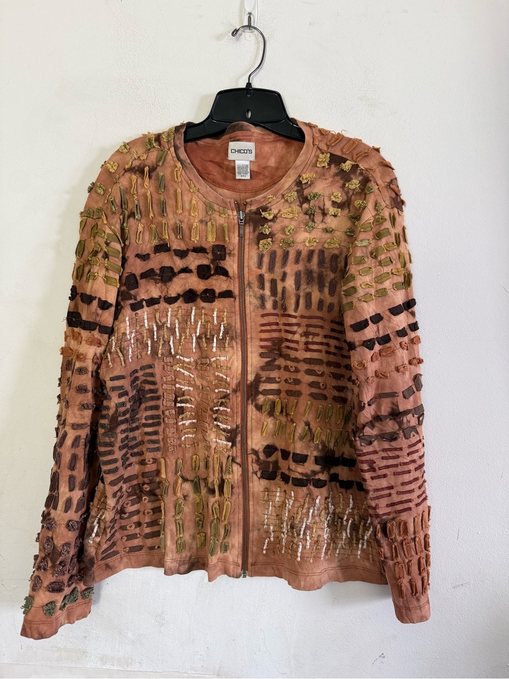 Chicos Womens Textured Art To Wear Brown Fall Full Zip Jacket, Cotton, Size 2 L